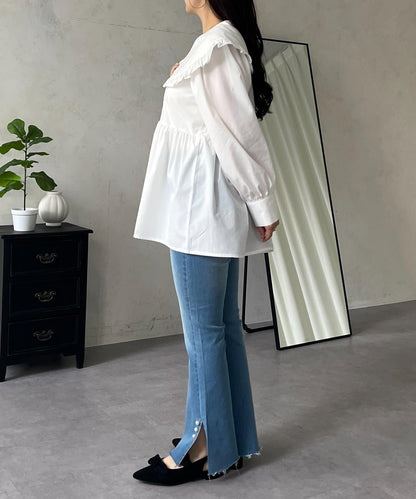 荷葉邊大翻領荷葉擺設計襯衫