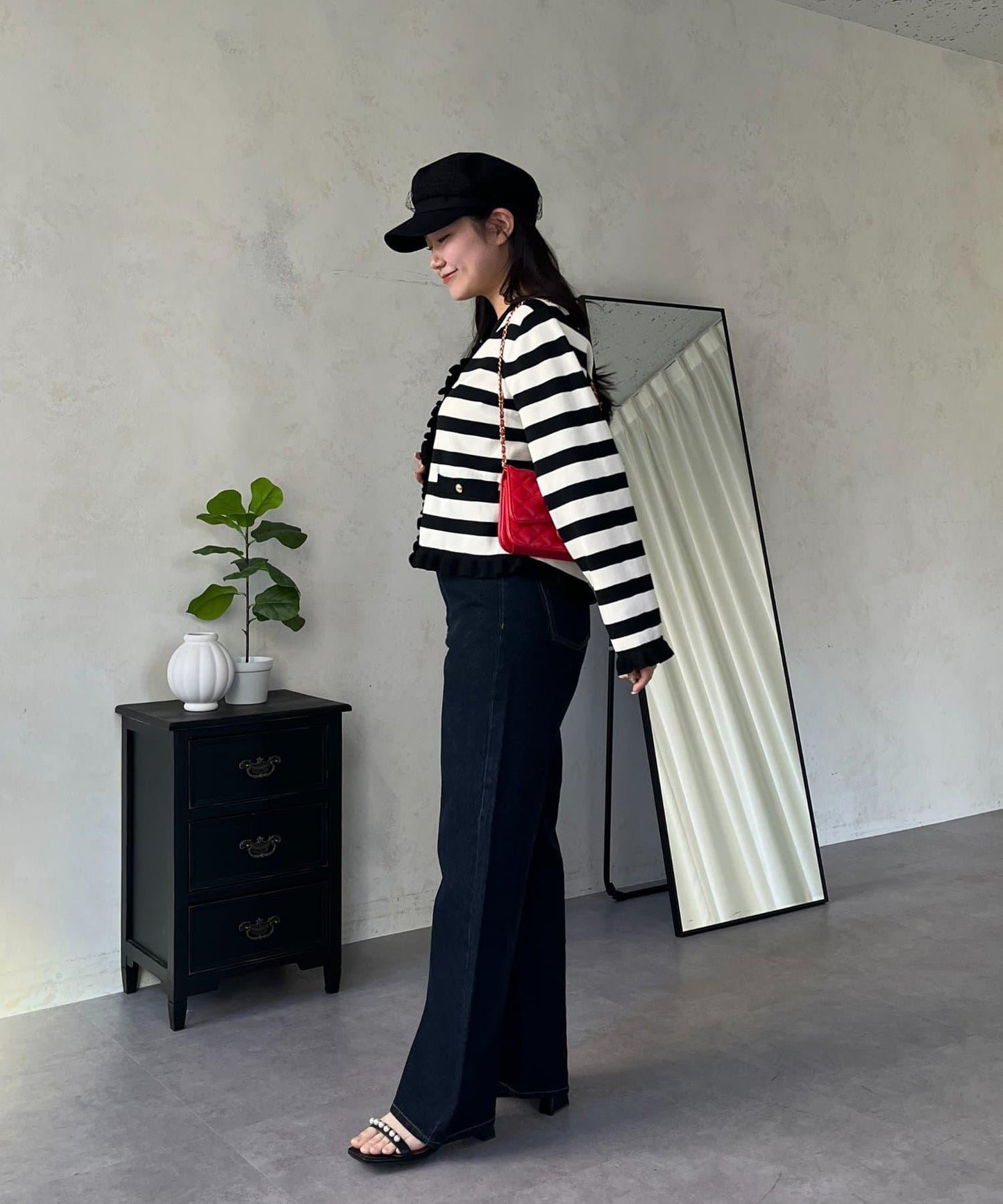 MIO 可調節按鈕直筒牛仔面料牛仔褲