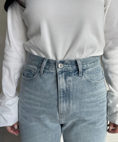 MIO 可調節按鈕直筒牛仔面料牛仔褲