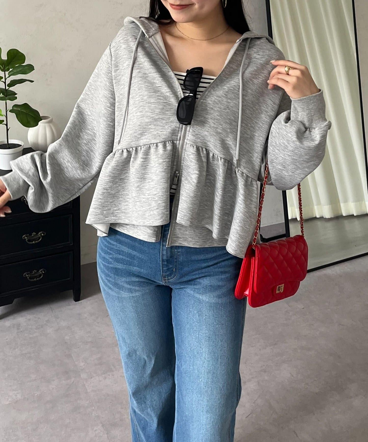 荷葉邊雙拉鍊連帽衛衣