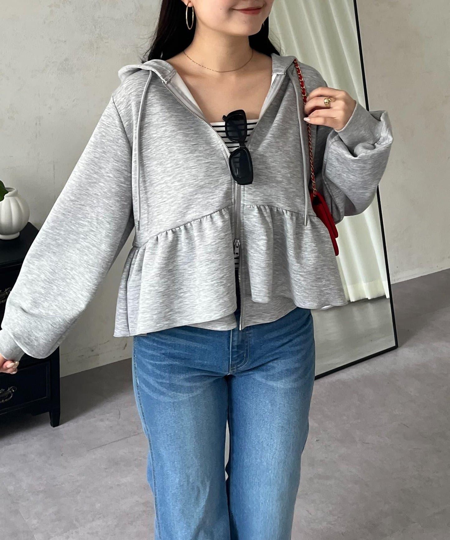 荷葉邊雙拉鍊連帽衛衣