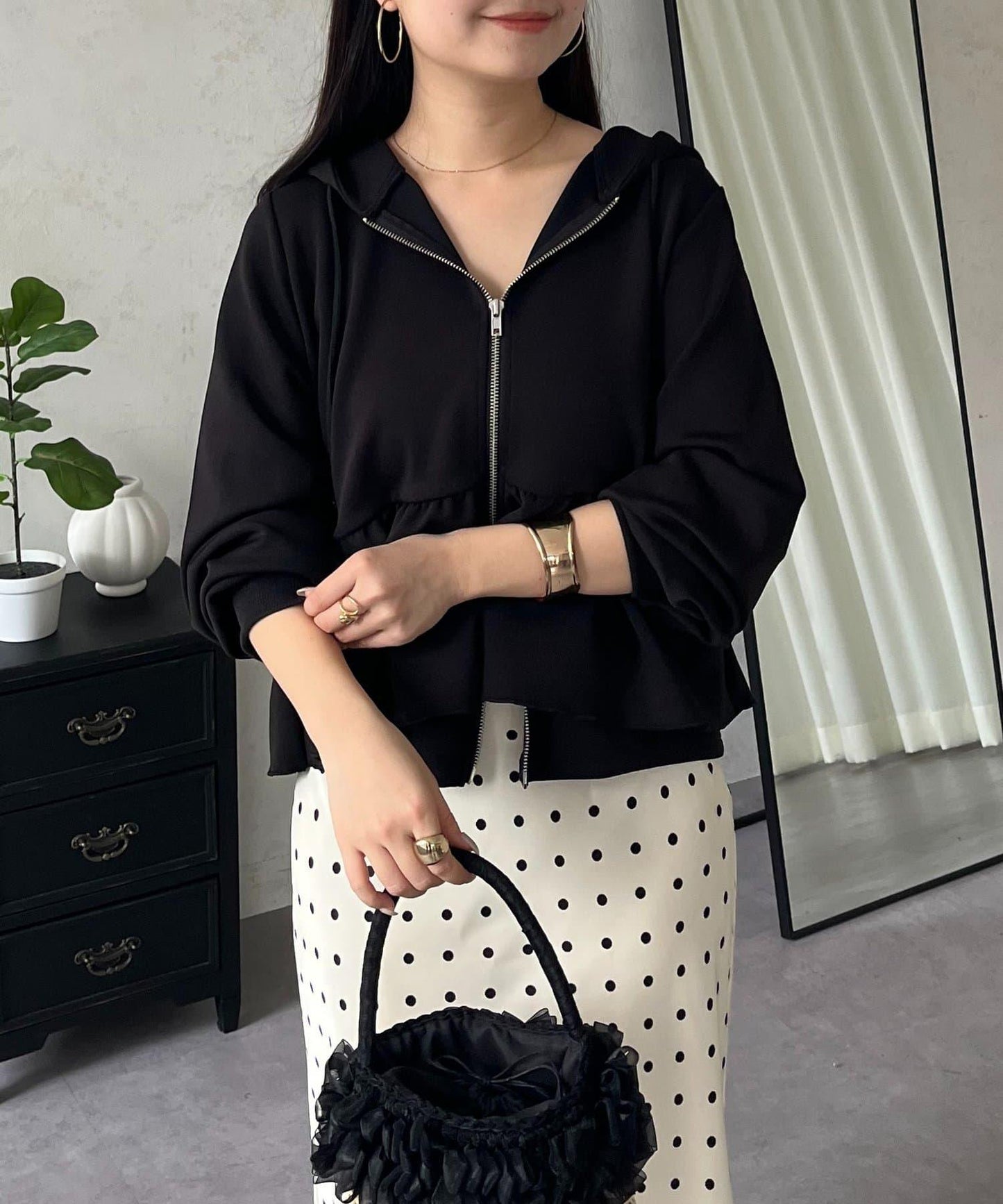 荷葉邊雙拉鍊連帽衛衣