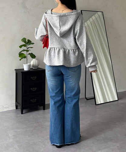 荷葉邊雙拉鍊連帽衛衣