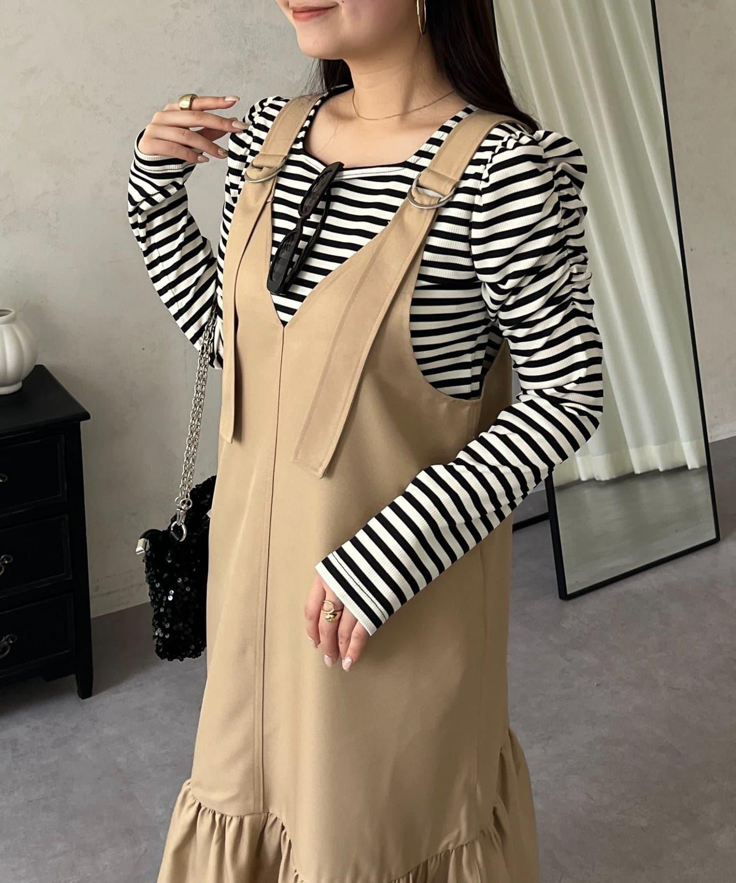 袖部抽褶 條紋褶皺 上衣