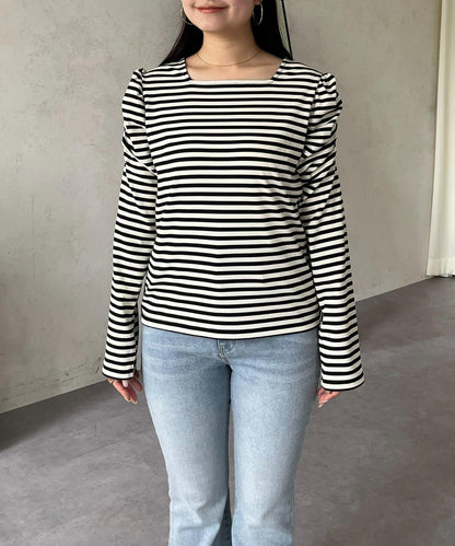 袖部抽褶 條紋褶皺 上衣