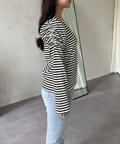 袖部抽褶 條紋褶皺 上衣