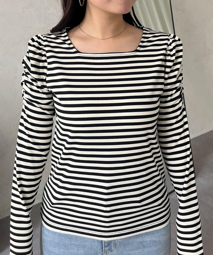 袖部抽褶 條紋褶皺 上衣