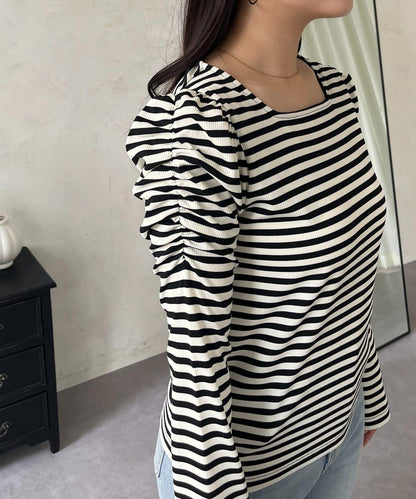 袖部抽褶 條紋褶皺 上衣