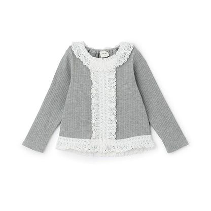 蕾絲荷葉邊羅紋長袖T恤