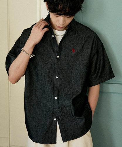 專屬款 單點裝飾 丹寧 短袖襯衫