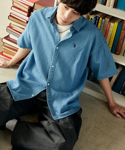 專屬款 單點裝飾 丹寧 短袖襯衫