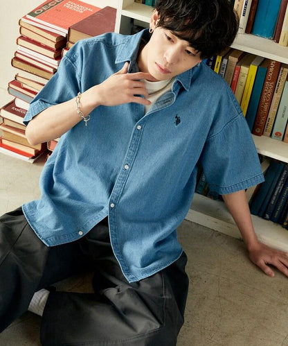 專屬款 單點裝飾 丹寧 短袖襯衫