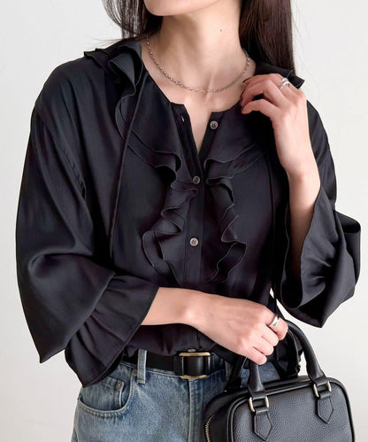 豐盈荷葉邊前開襟襯衫