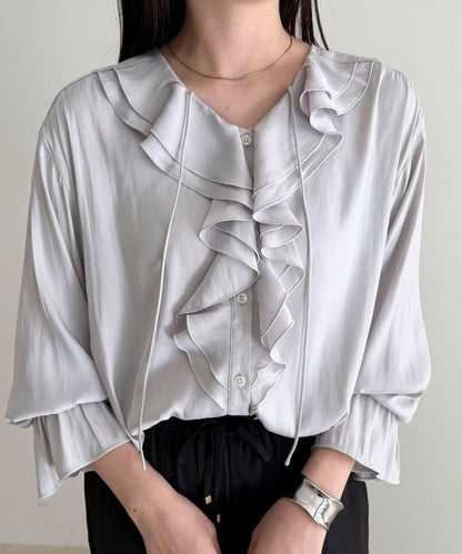 豐盈荷葉邊前開襟襯衫