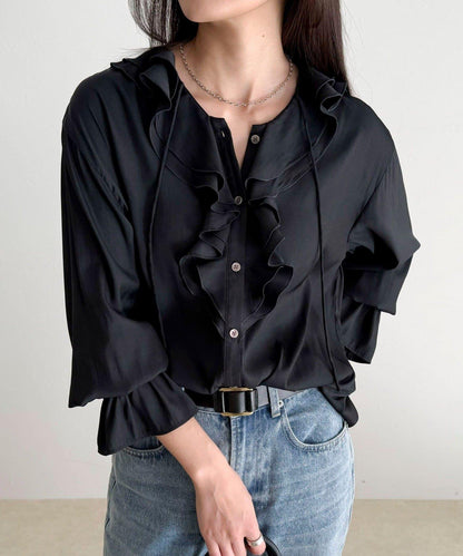 豐盈荷葉邊前開襟襯衫