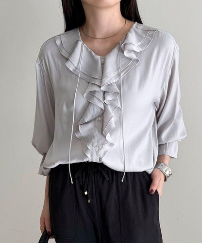 豐盈荷葉邊前開襟襯衫