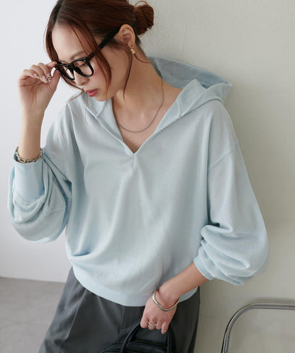 透感毛圈連帽開襟套頭上衣