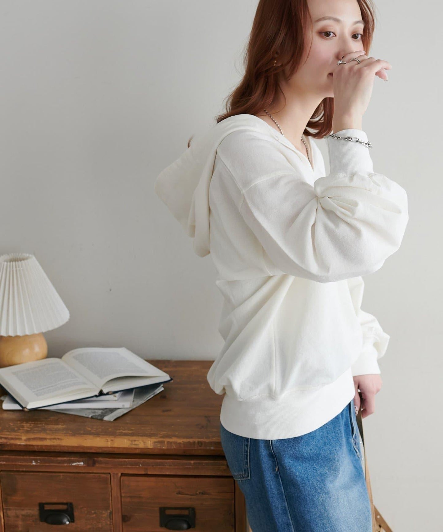 透感毛圈連帽開襟套頭上衣