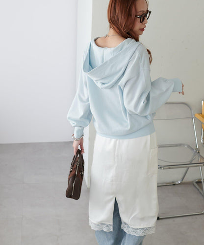 透感毛圈連帽開襟套頭上衣