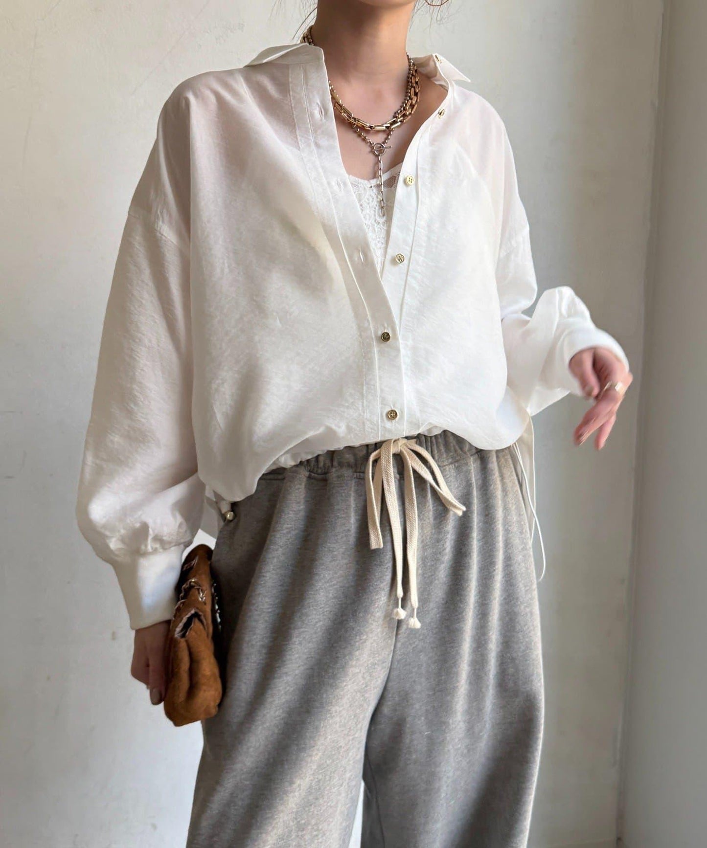 透視抽繩帶領羅紋袖口襯衫