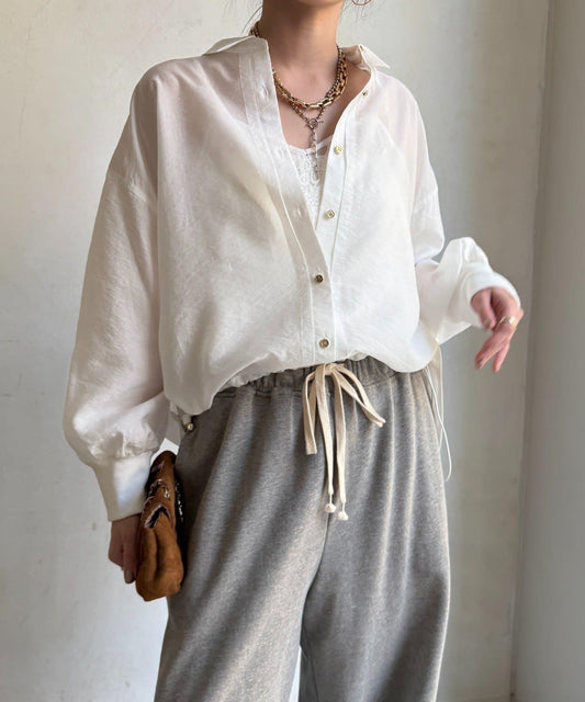 透視抽繩帶領羅紋袖口襯衫