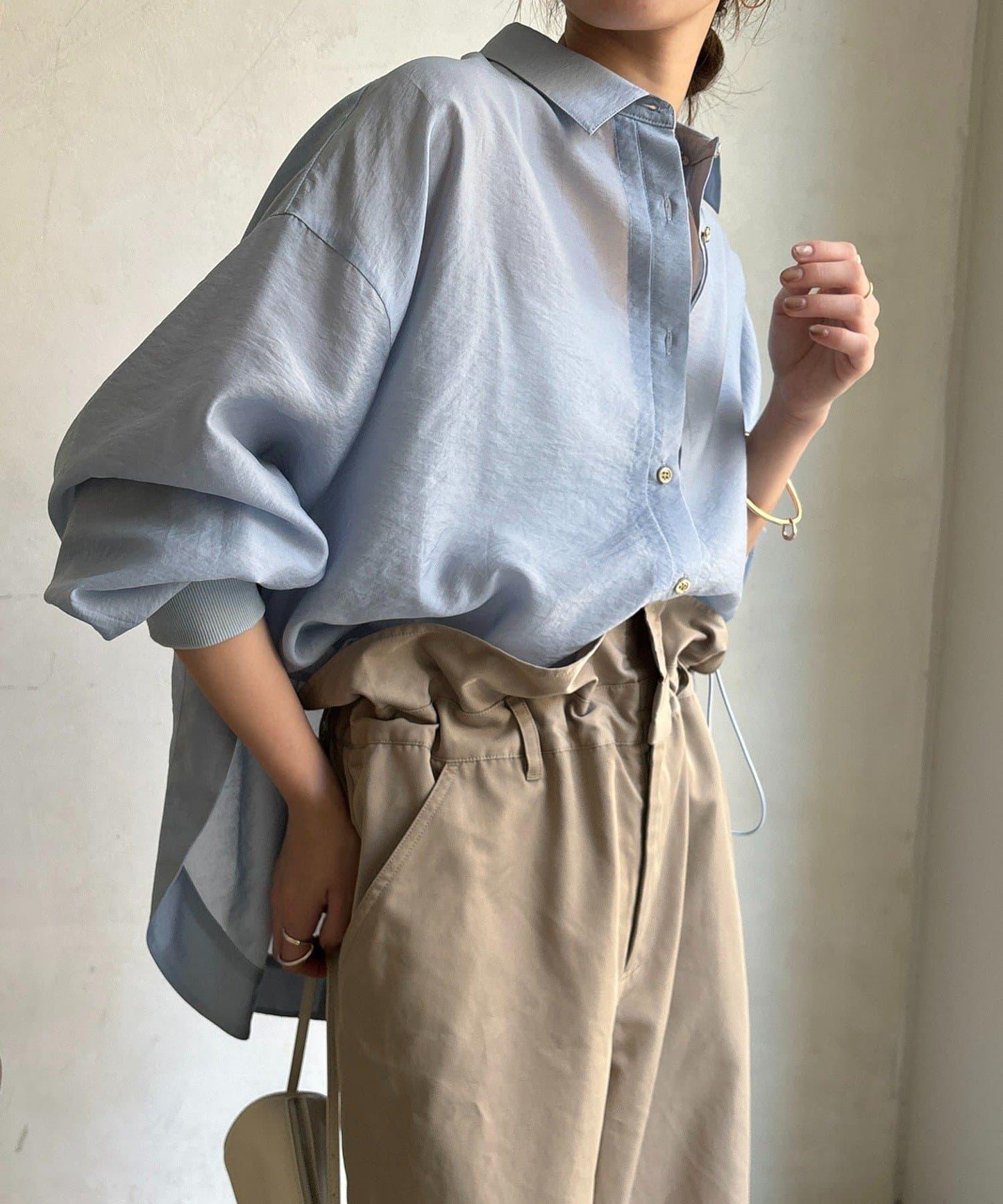 透視抽繩帶領羅紋袖口襯衫