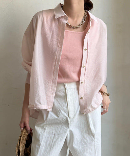 透視抽繩帶領羅紋袖口襯衫