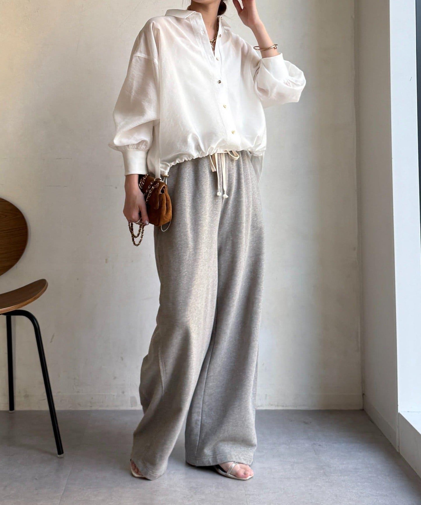 透視抽繩帶領羅紋袖口襯衫