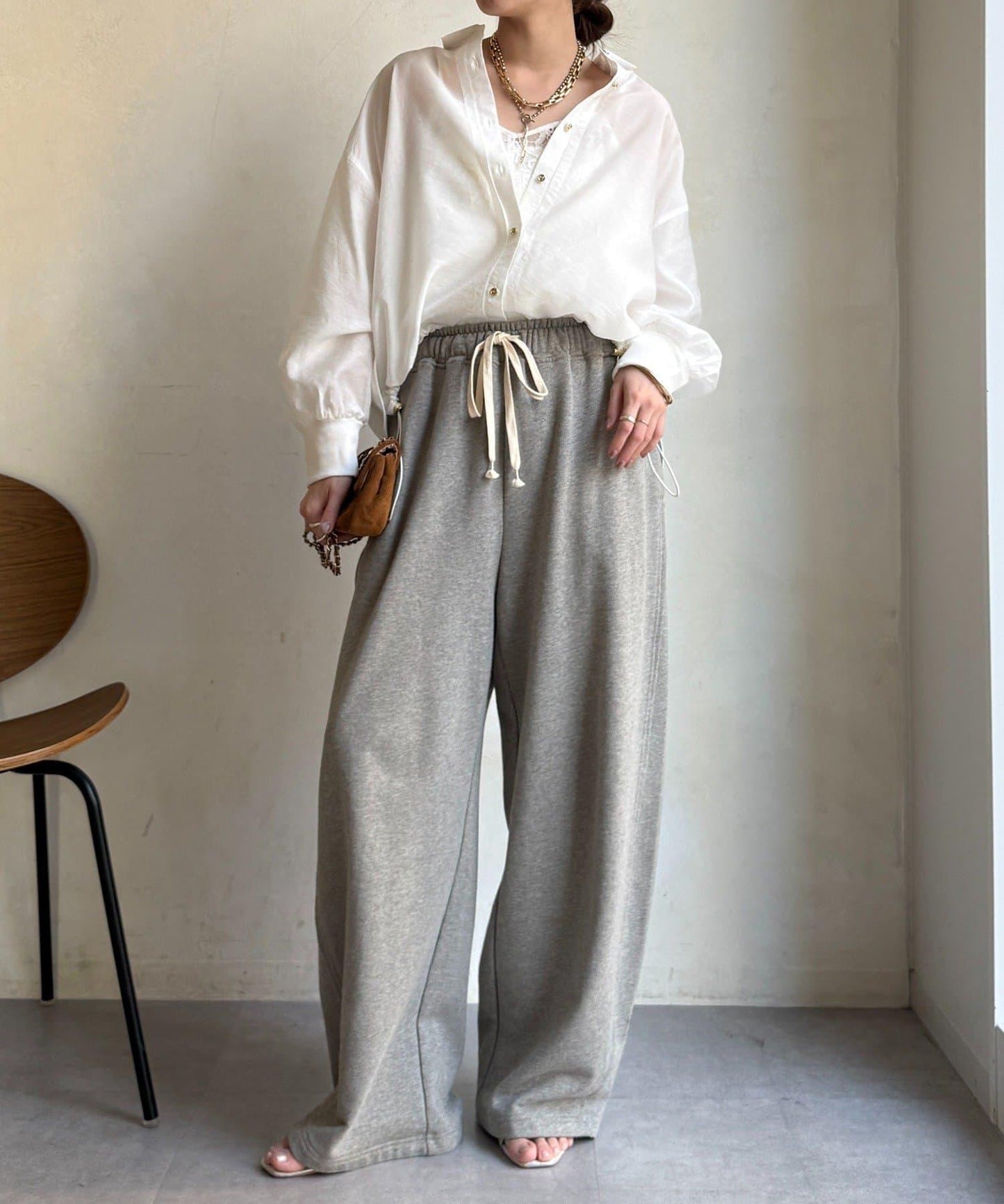 透視抽繩帶領羅紋袖口襯衫