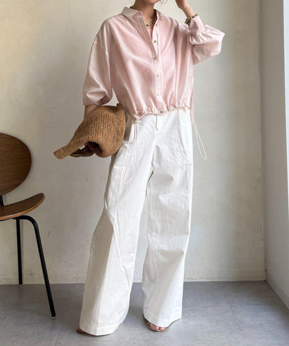 透視抽繩帶領羅紋袖口襯衫