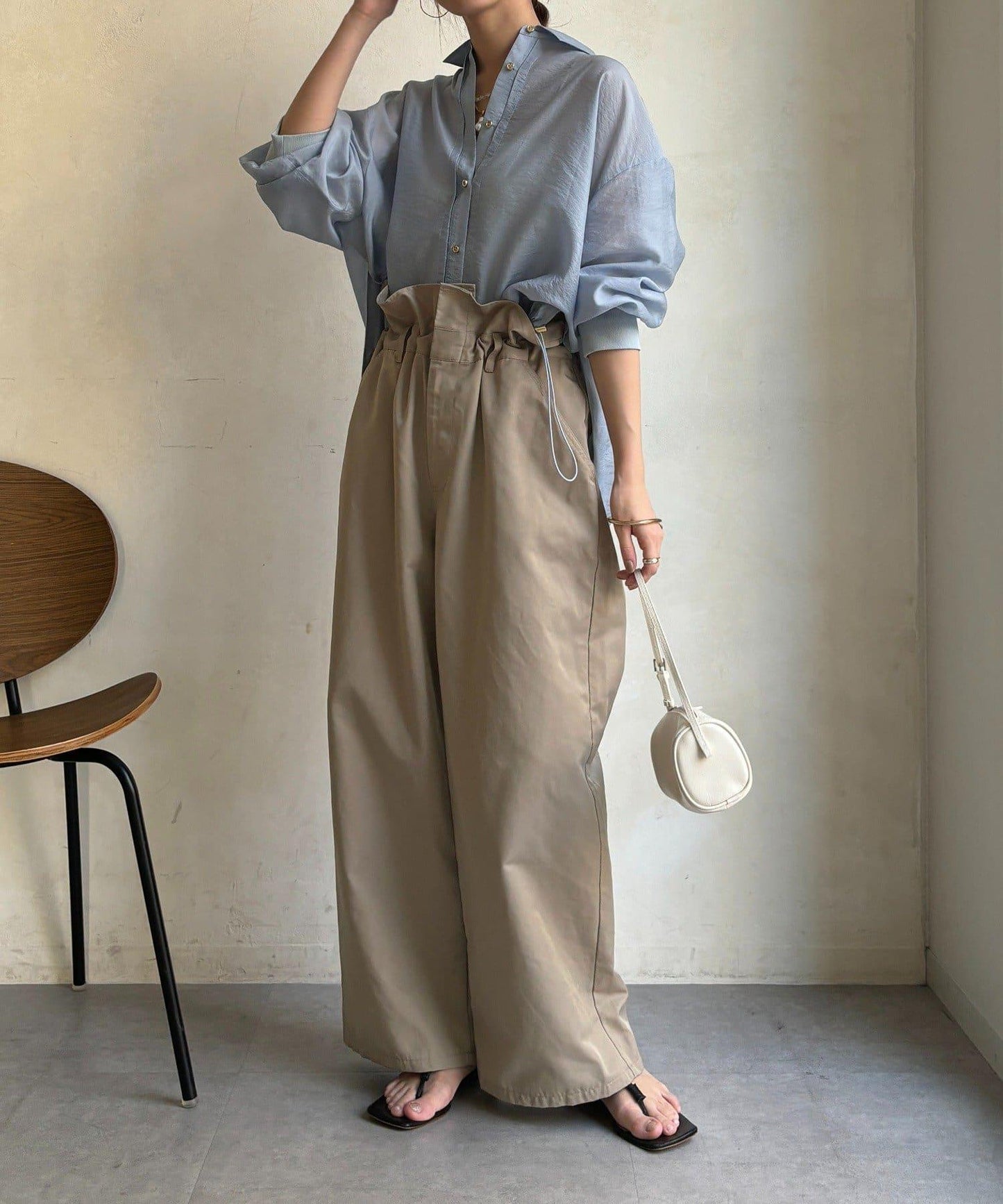 透視抽繩帶領羅紋袖口襯衫