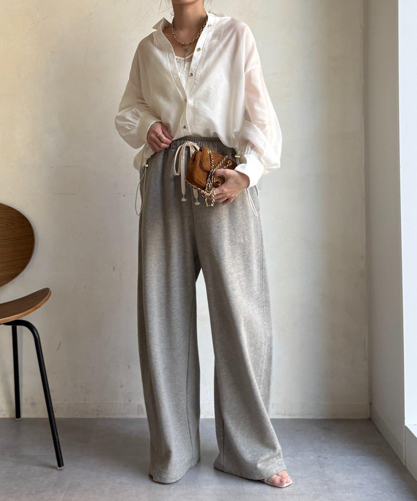 透視抽繩帶領羅紋袖口襯衫