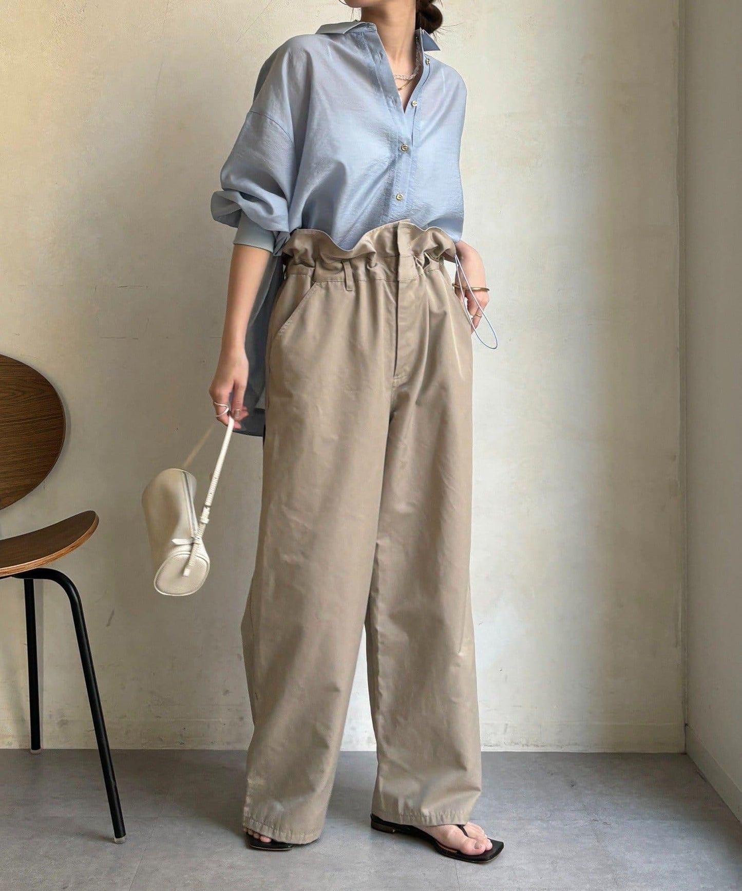 透視抽繩帶領羅紋袖口襯衫