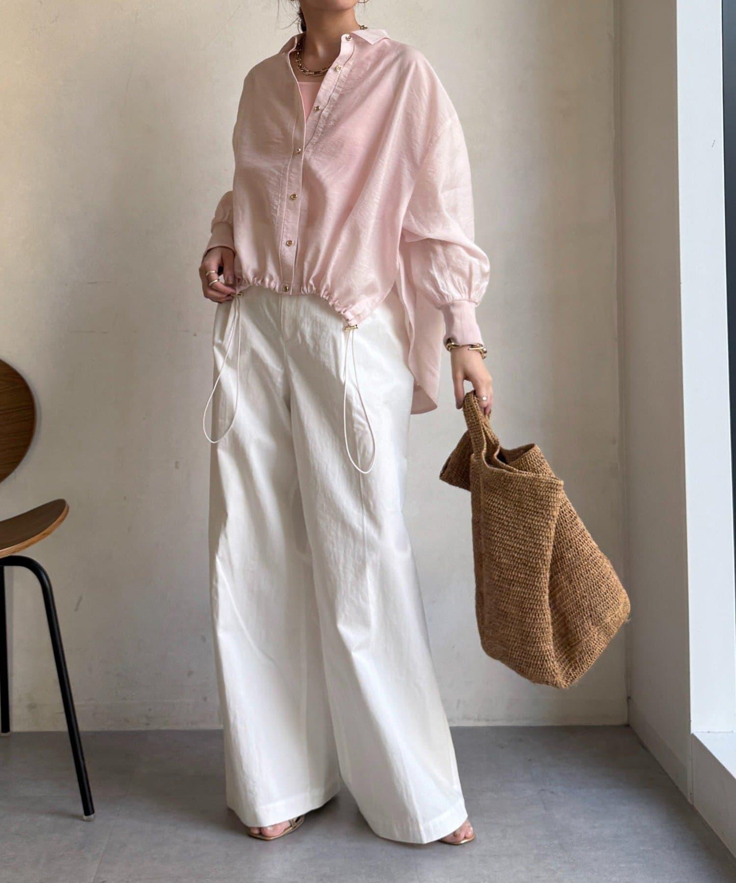 透視抽繩帶領羅紋袖口襯衫