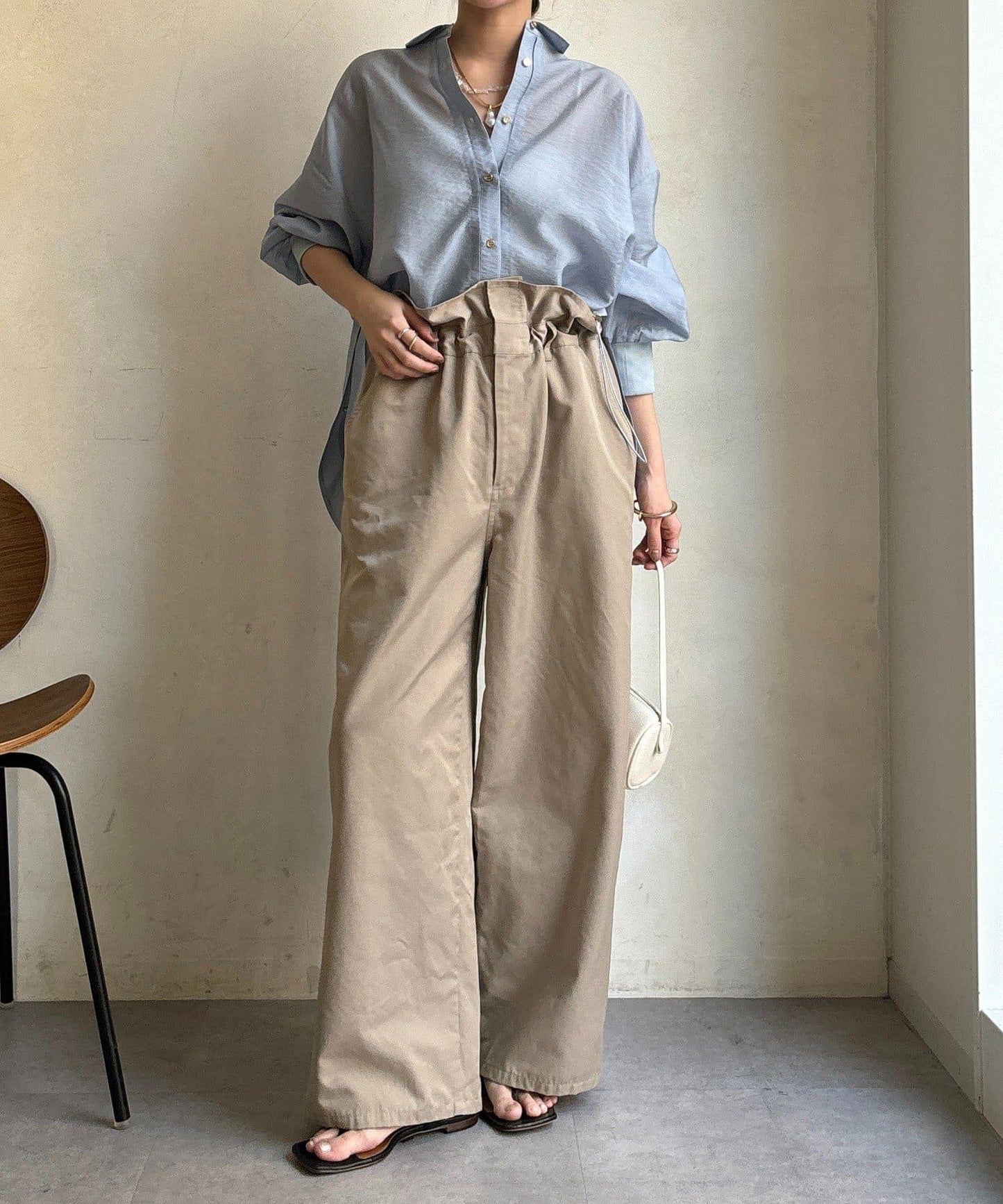 透視抽繩帶領羅紋袖口襯衫