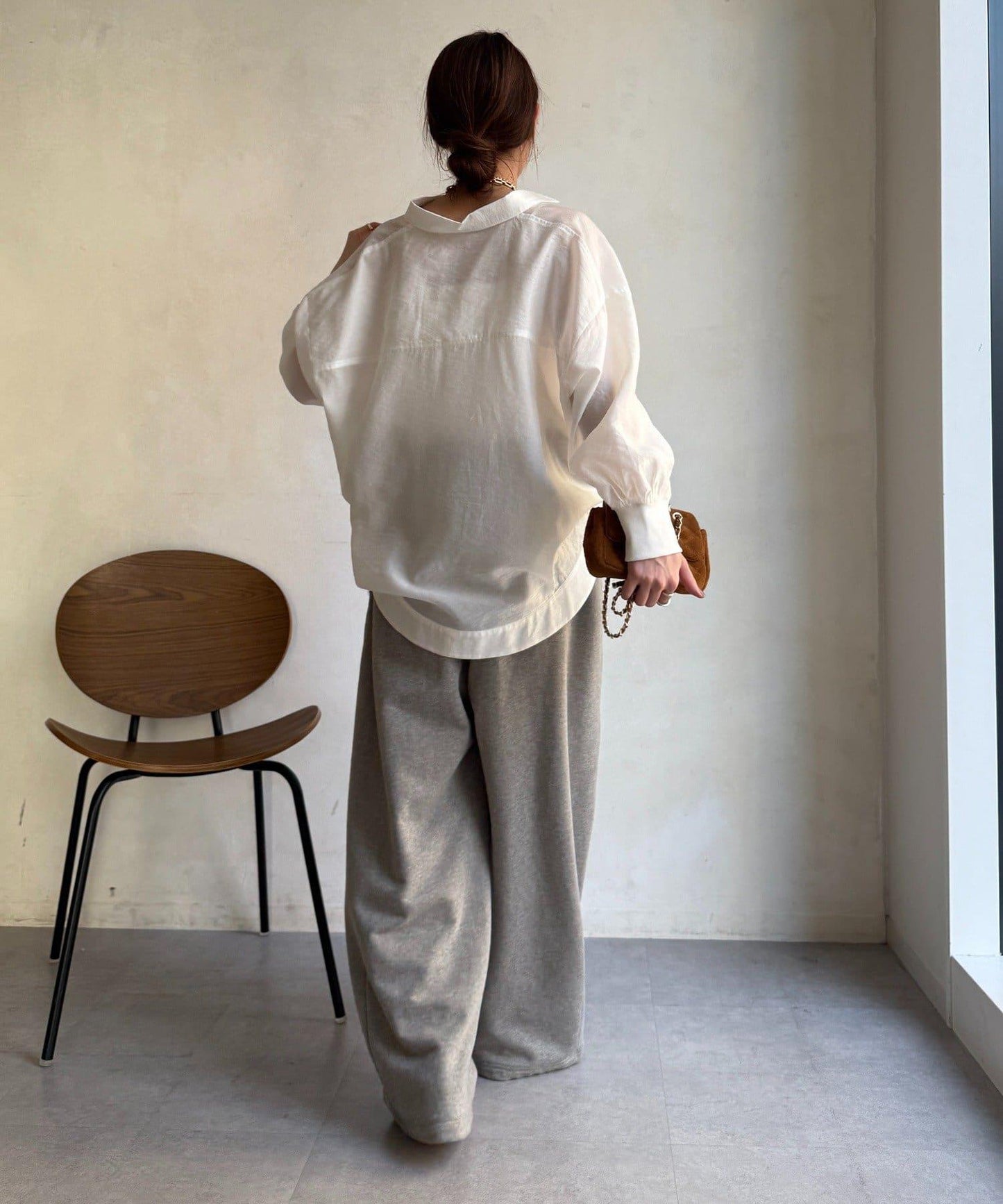 透視抽繩帶領羅紋袖口襯衫