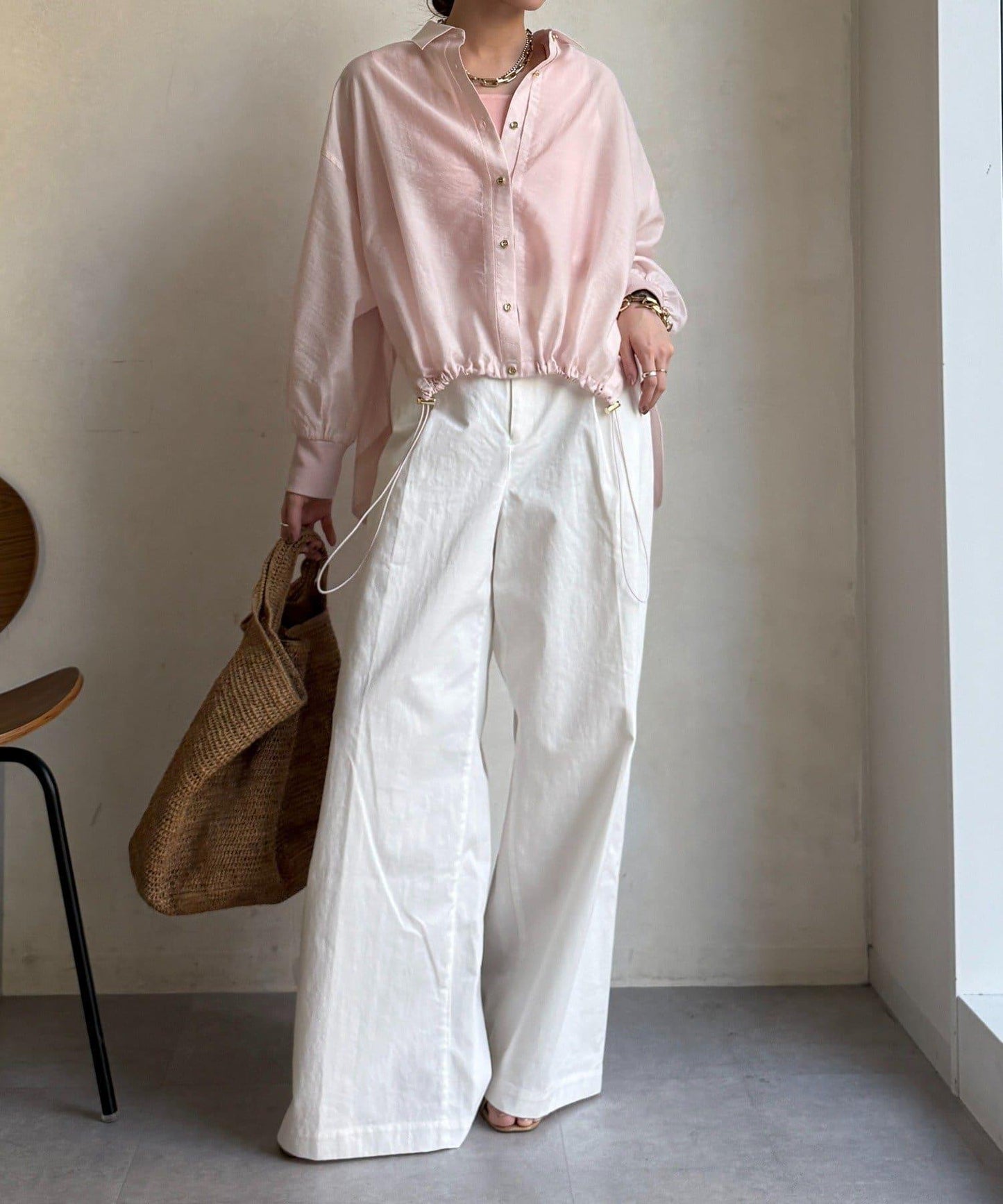 透視抽繩帶領羅紋袖口襯衫