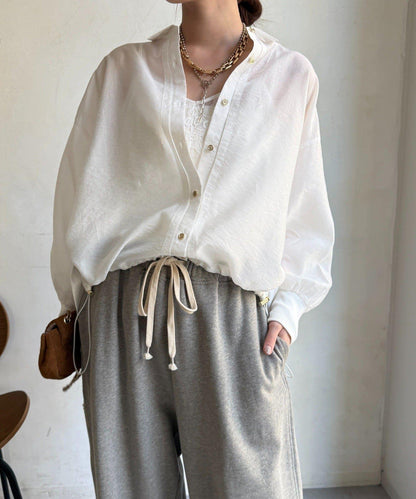 透視抽繩帶領羅紋袖口襯衫