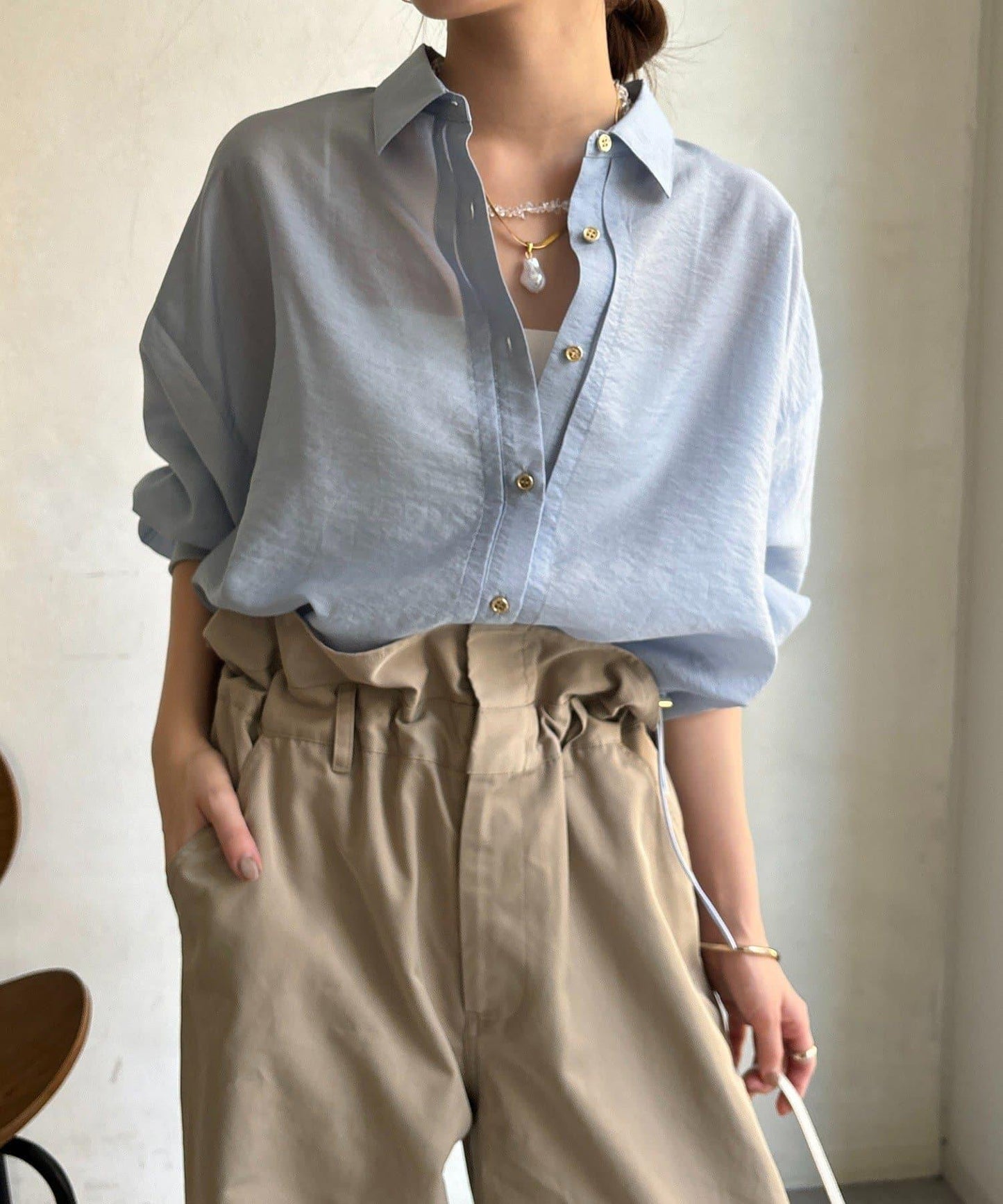 透視抽繩帶領羅紋袖口襯衫