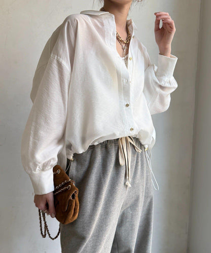 透視抽繩帶領羅紋袖口襯衫