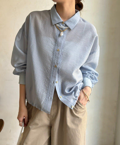 透視抽繩帶領羅紋袖口襯衫