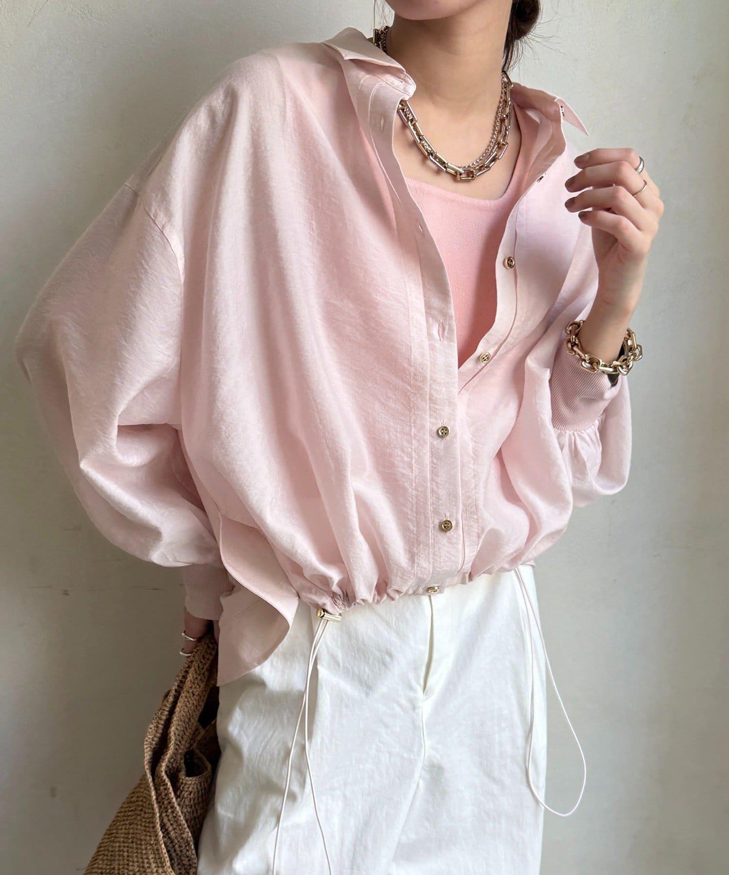 透視抽繩帶領羅紋袖口襯衫