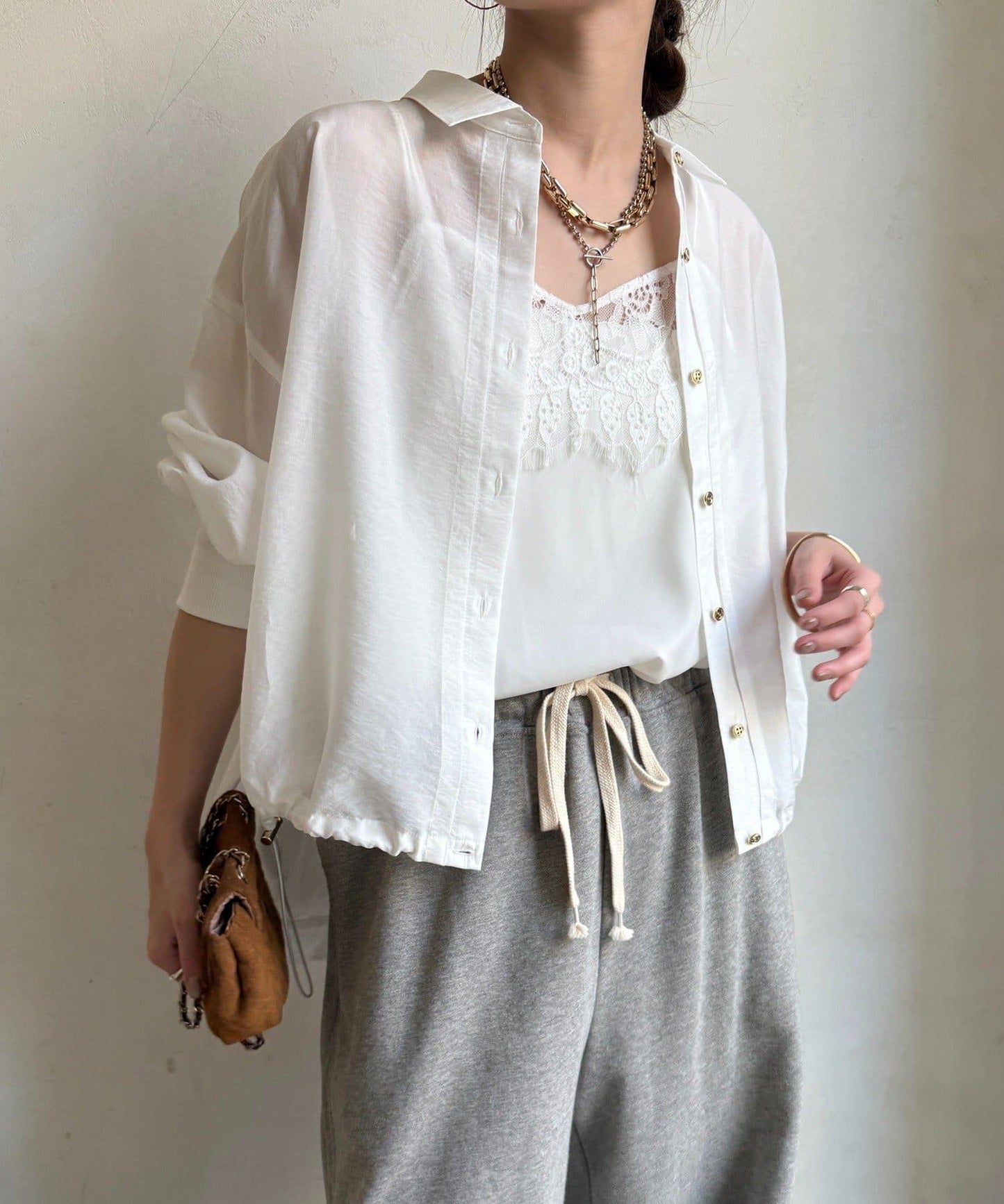 透視抽繩帶領羅紋袖口襯衫