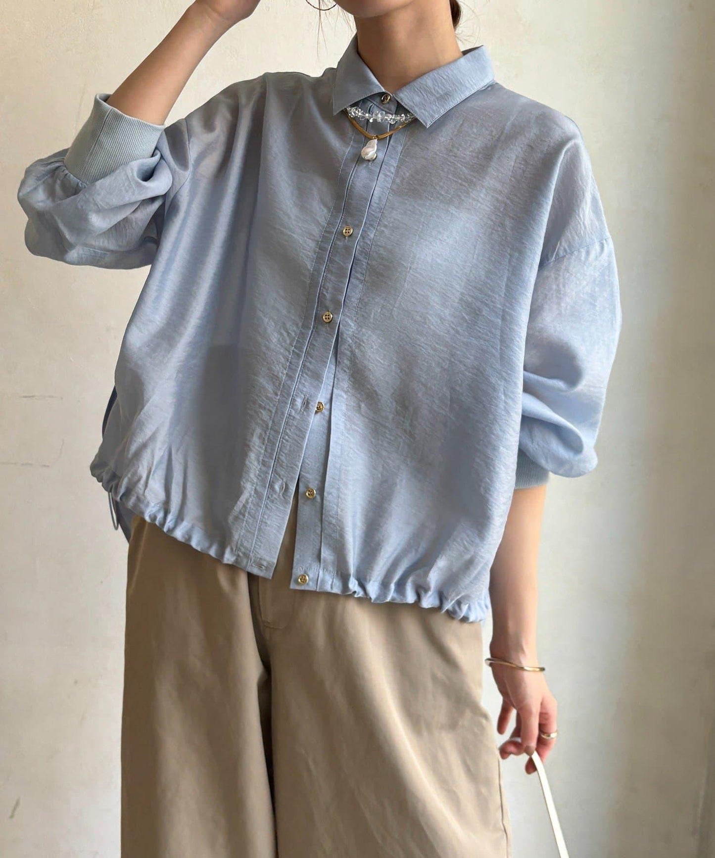 透視抽繩帶領羅紋袖口襯衫