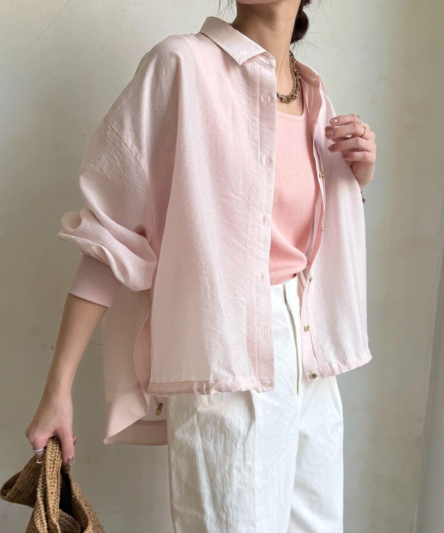 透視抽繩帶領羅紋袖口襯衫