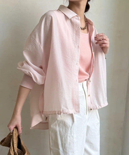 透視抽繩帶領羅紋袖口襯衫