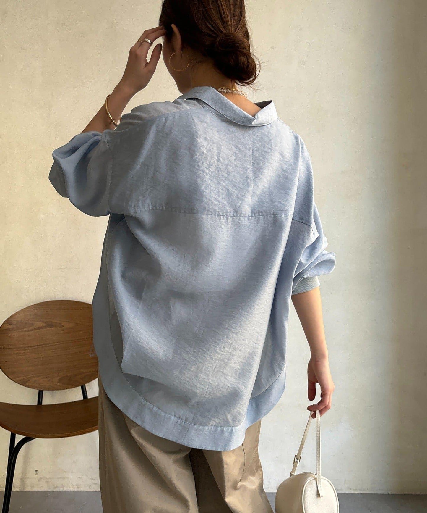 透視抽繩帶領羅紋袖口襯衫