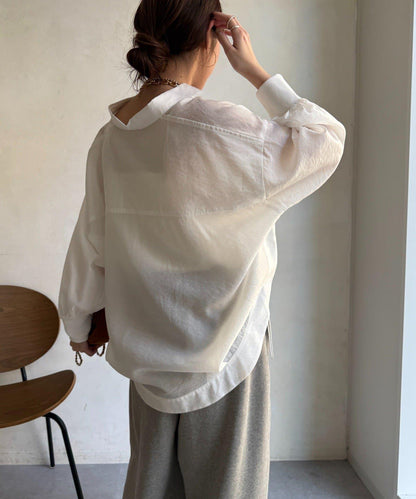 透視抽繩帶領羅紋袖口襯衫