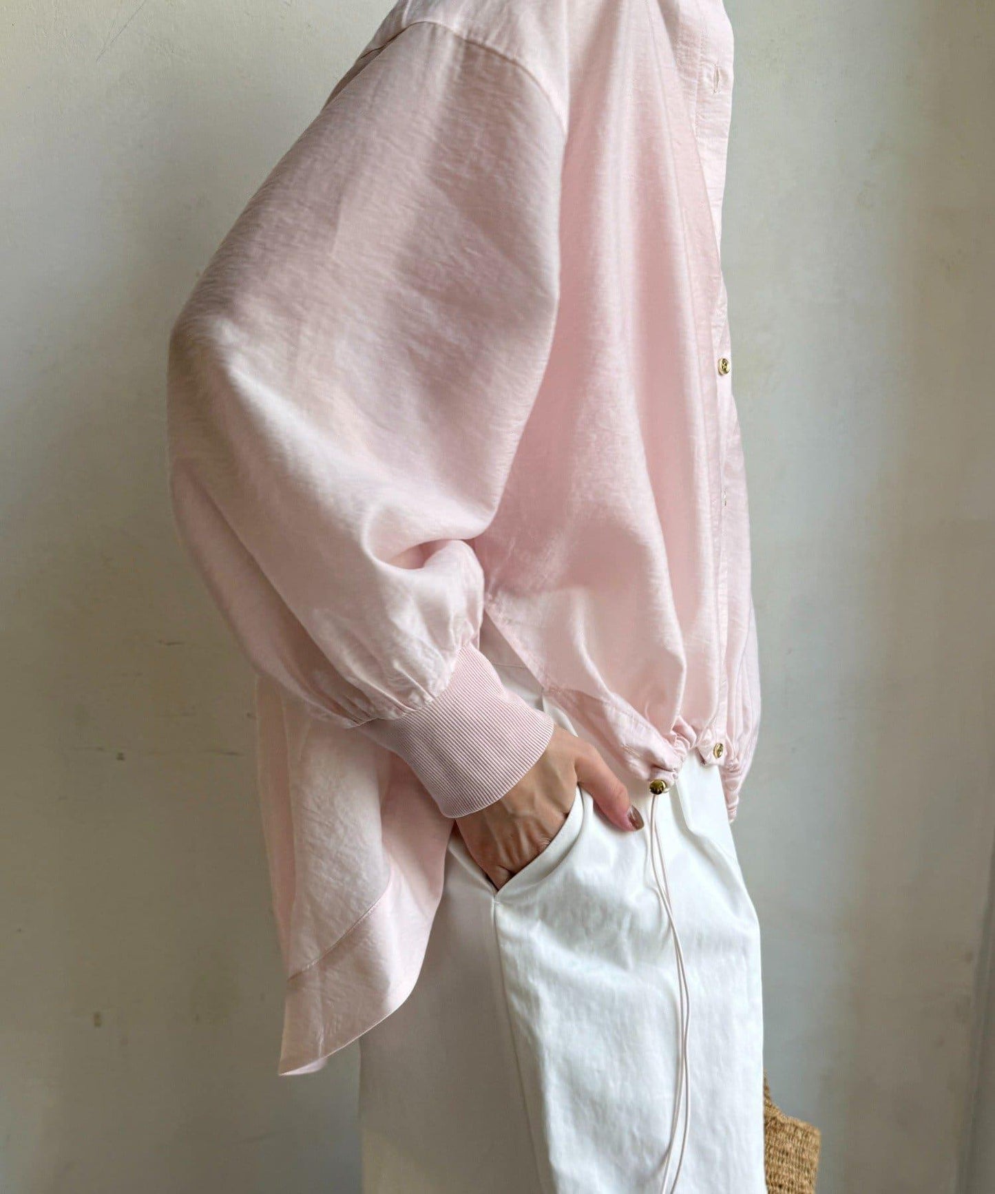 透視抽繩帶領羅紋袖口襯衫