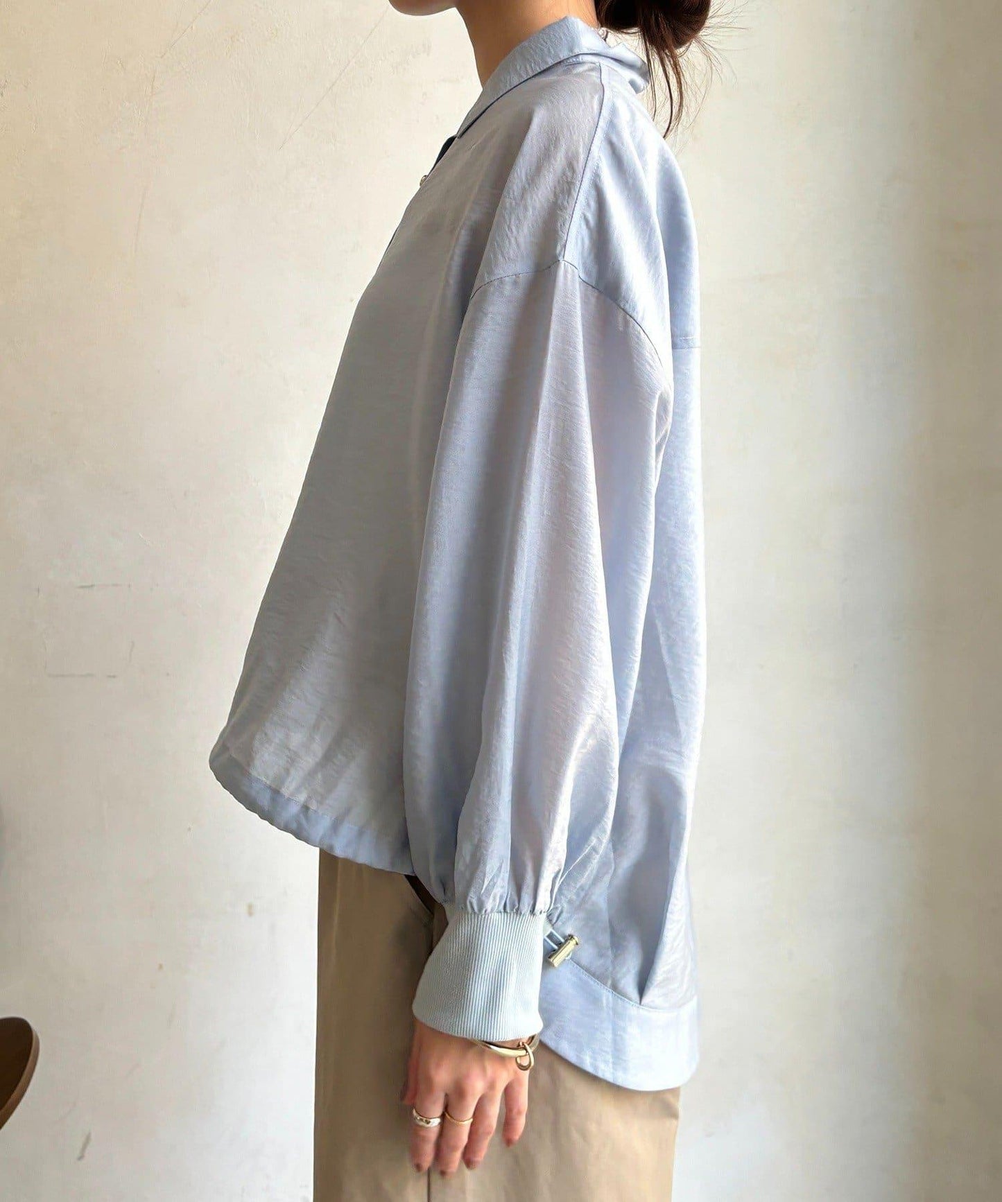 透視抽繩帶領羅紋袖口襯衫